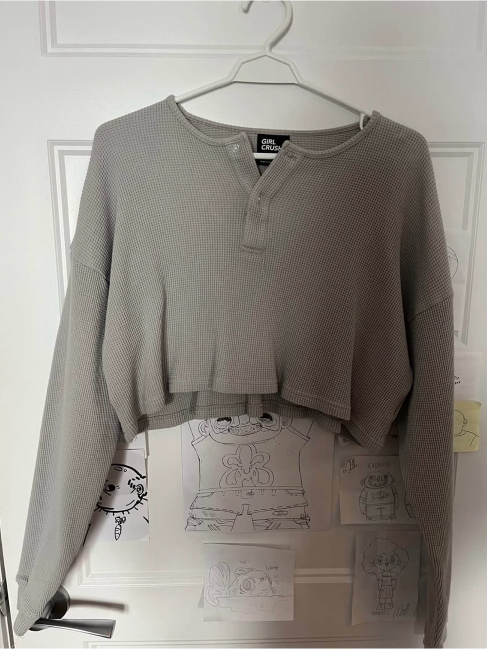 Women's Light Gray Cropped Waffle Henley Sweater